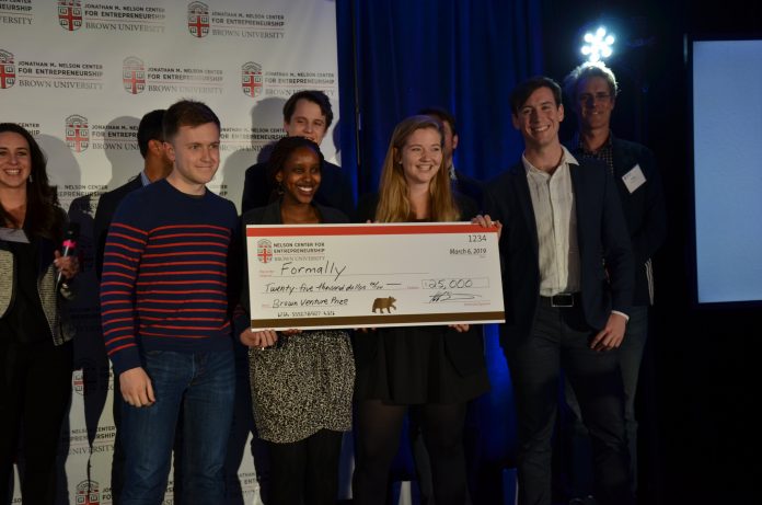 FORMALLY PLACED FIRST in the Nelson Center for Entrepreneurship at Brown University's Venture Prize pitch contest. Above, from left to right, pitch team members Benjamin Murphy, Diane Mukato, Amelie Vavrosky and Noah Picard. / COURTESY BROWN UNIVERSITY