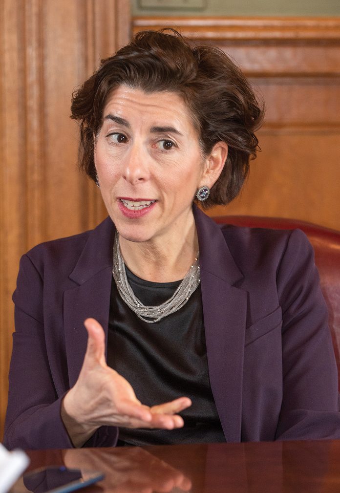 MAKING THINGS HAPPEN: Gov. Gina M. Raimondo, providing welcoming remarks at Thursday's Economic Outlook Breakfast, said her job in her second term will be to help sustain the economic momentum Rhode Island has been experiencing. / PBN PHOTO/DAVE HANSEN