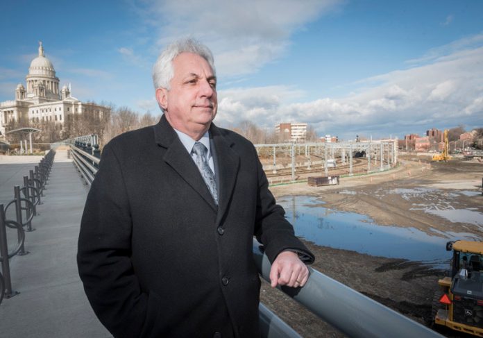 PETER ALVITI JR., director of RIDOT, shown in 2017, overlooking the original planned location of a Providence transit hub. The project may now be dispersed throughout downtown. / PBN FILE PHOTO/MICHAEL SALERNO