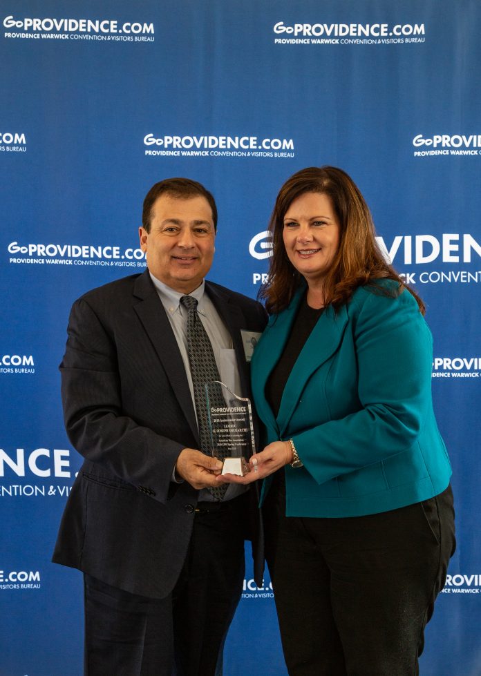 R.I. HOUSE MAJORITY Leader K. Joseph Shekarchi receives his ambassador award from PWCVB Board Chair Kimberly Greene. / COURTESY PROVIDENCE WARWICK CONVENTION & VISITORS BUREAU R.I. HOUSE MAJORITY Leader K. Joseph Shekarchi receives his ambassador award from PWCVB Board Chair Kimberly Greene. / COURTESY PROVIDENCE WARWICK CONVENTION & VISITORS BUREAU