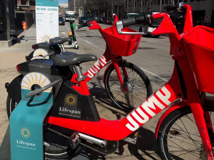 PROVIDENCE IS expanding its electric dockless electric bike program called JUMP to 1,100 vehicles and is expanding the service area to cover the entire city. / PBN PHOTO/CHRIS BERGENHEIM
