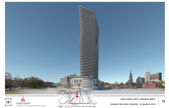 THE HOPE POINT tower would feature 40 floors of residential apartments and condos atop a 6-story parking base. / COURTESY THE FANE ORGANIZATION