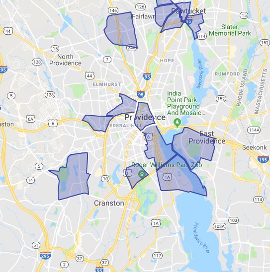 THERE ARE 25 approved Opportunity Zones in Rhode Island, including Downtown Providence and much of the city's waterfront.. / COURTESY R.I. COMMERCE CORP./GOOGLE INC.