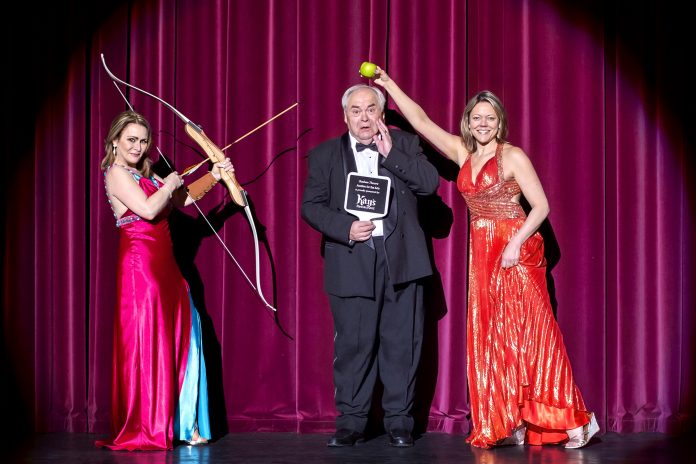JOHN GREGORY, executive director of the Northern Rhode Island Chamber of Commerce, center, will be the auctioneer at the Stadium Theatre Performing Arts Centre’s 17th annual Auction for the Arts on May 30 at the theater in Woonsocket. Also pictured are Stadium Theatre Executive Director and CEO Cathy Levesque, left, and Stadium Theatre Community Relations Director Diane Landry. / COURTESY STADIUM THEATRE PERFORMING ARTS CENTRE