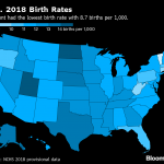 NATIONAL BIRTHS hit a 32-year low in 2018, according to preliminary data from the Centers for Disease Control and Prevention. Above,a map of 2018 birth rates by state. / BLOOMBERG NEWS