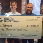 UPROOT was named the overall winner of the 2019 Rhode Island Business Competition. Above, from left to right:, Anthony Mangiarelli, competition co-chair; Kevin Eve and Jacob Conway, both of Uproot, and Margaret “Peggy” Farrell, competition co-chair. / COURTESY RHODE ISLAND BUSINESS COMPETITION