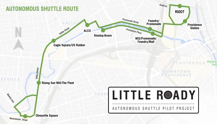 THE LITTLE ROADY autonomous vehicle shuttle service will operate seven days a week from 6:30 a.m. to 6:30 pm. with 12 stops between Olneyville Square and Providence Station. / COURTESY R.I. DEPARTMENT OF TRANSPORTATION