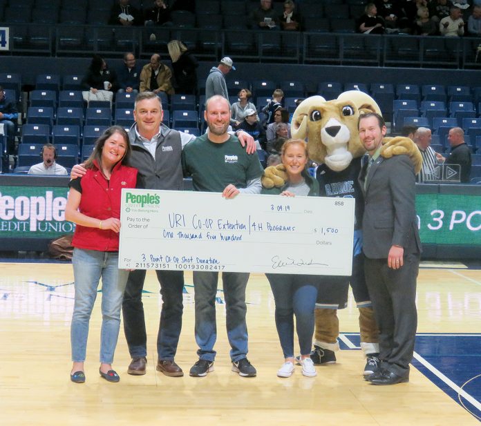WIN-WIN SITUATION: People’s Credit Union donates to the University of Rhode Island’s 4-H program based on 3-pointers made by the Rams.  / COURTESY PEOPLE’S CREDIT UNION