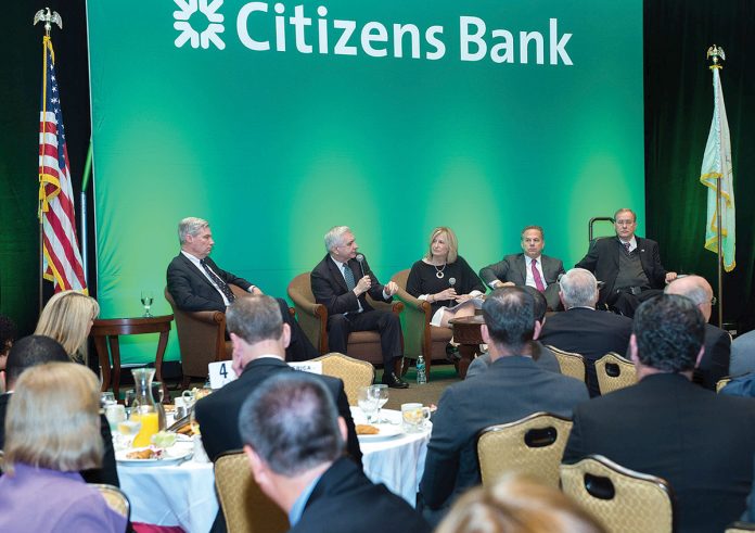 CONGRESSIONAL BREAKFAST: Members of Rhode Island’s congressional delegation converse during last year’s breakfast hosted by the Greater Providence Chamber of Commerce. This year’s event will be held on June 17 at the Crowne Plaza Providence-Warwick in Warwick.  / COURTESY PCC CONSTANCE BROWN