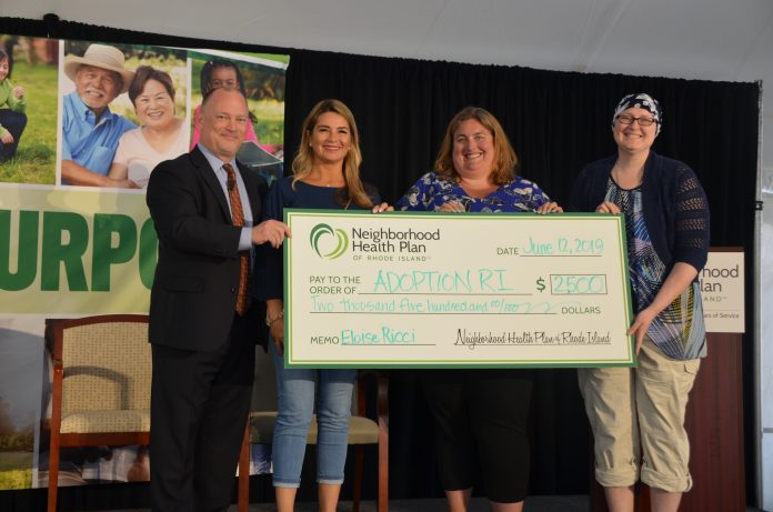 NEIGHBORHOOD HEALTH Plan of Rhode Island will award $10,000 to members and nonprofits throughout the year. Neighborhood Health President and CEO Peter Marino with, from left, Eloise Ricci, Amanda Choiniere and Shannon Doherty of Adoption Rhode Island’s Adoption and Permanency Team. / COURTESY NEIGHBORHOOD HEALTH PLAN OF RHODE ISLAND