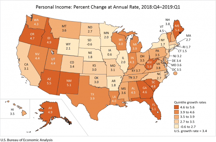 PERSONAL INCOME paid in Rhode Island grew at one of the slowest rates in the nation in the first quarter. / COURTESY BUREAU OF ECONOMIC ANALYSIS