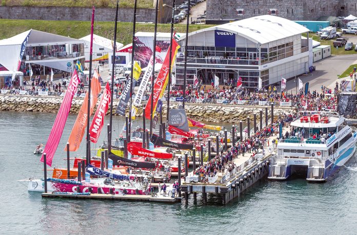 SPECTATORS LINE the pier during the 2015 Volvo Ocean Race North American stopover in Newport. Sail Newport is still deciding on whether to bid for the 2022 stopover point. /COURTESY VOLVO OCEAN RACE