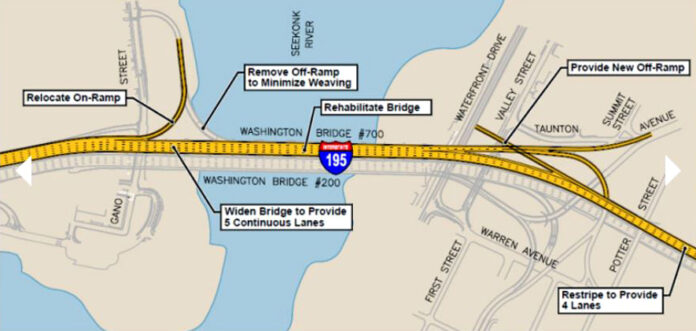 The Washington Bridge construction will involve adding an additional lane for through-traffic, removing the Gano Street exit from I-195 west and adding a new exit for East Providence, according the state Department of Transportation. / R.I. DOT