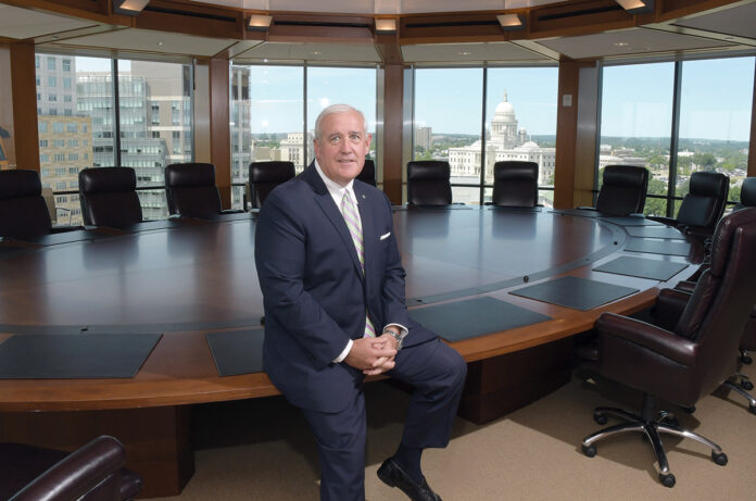 AT THE TOP: Keith Kelly oversees the financial aspects of Citizens Bank’s Rhode Island operation as state president. He’s highly involved in the philanthropy side of the business, too.   / PBN PHOTO/MIKE SKORSKI