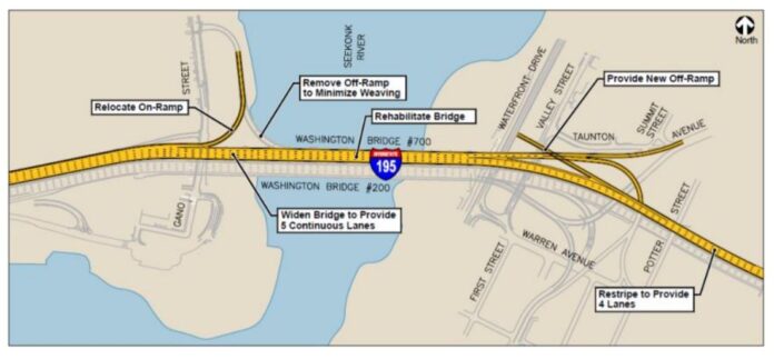 THE R.I. DEPARTMENT of Transportation has proposed a new exit ramp off Interstate 195 in East Providence, connecting to Waterfront Drive. / COURTESY R.I. DEPARTMENT OF TRANSPORTATION