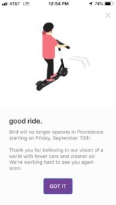 BIRD told riders via its app that it was ending service in Providence on Friday. Above, a screenshot from the app.
