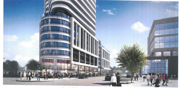 THE BASE of the Hope Point tower, as shown in a rendering that faces Dyer Street from the new city park./COURTESY I-195 REDEVELOPMENT DISTRICT COMMISSION.