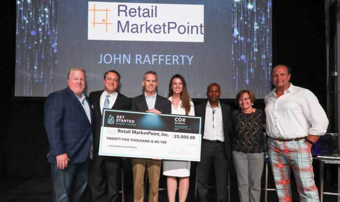 RETAIL MARKETPOINT was selected as the winner of Cox Business' Get Started Rhode Island bsuiness pitch competition. Above, from left: Ross Nelson, vice president, Cox Business; Mike Ritz, moderator, and executive director of Leadership Rhode Island; John Rafferty, founder of Retail MarketPoint; Shannon Shallcross, co-founder and CEO, BetaXAnalytics; Arnell Milhouse, co-founder and CEO, CareerDevs Computer Science University; Patrice M. Milos, co-founder, CEO and president, Medley Genomics; and Karl Wadensten, CEO and president, VIBCO Vibrators. / COURTESY COX BUSINESS