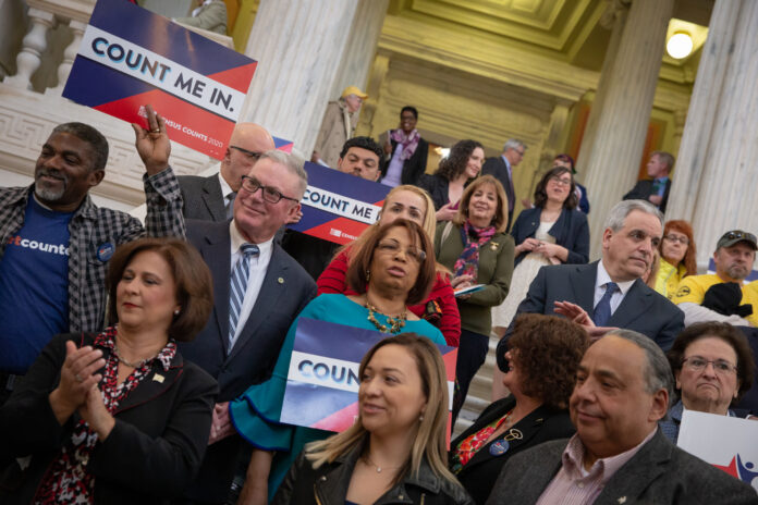 ELECTED OFFICIALS and advocates are pictured at a Rhode Island Statehouse event last April to launch the state’s Complete Count efforts. The Rhode Island Foundation just launched the Rhode Island Census 2020 Fund, which is offering nonprofit, municipal and community-based organizations grants of up to $25,000 to encourage people from hard-to-count communities to be counted. / COURTESY RHODE ISLAND FOUNDATION