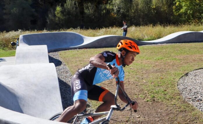 A RIDER MAKES use of the bike pump track at the newly opened Woonasquatucket Adventure Park in Providence. / COURTESY CITY OF PROVIDENCE