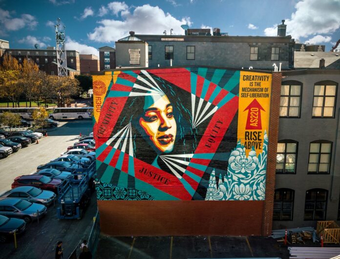 SHEPARD FAIREY has completed his 100th mural, located at 91 Clemence St., in downtown Providence. / COURTESY AS220