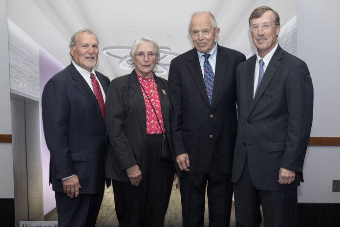 DONORS RAISED over $500,000 for Women & Infants Hospital’s planned renovations of its birth center. From left, Charlie Reppuci, Care New England board chair, honoree Cynthia B. Patterson, Jim Patterson and Dr. James E. Fanale, president and CEO of Care New England at Women & Infants Hospital’s “Bright Night for Little Stars” fundraiser. / COURTESY CARE NEW ENGLAND