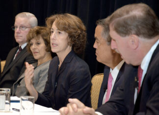 Complexities of price transparency in health care makes it an elusive goal PRICE TRANSPARENCY: Blue Cross & Blue Shield of Rhode Island CEO and President Kim A. Keck, center, says while most insurers have tools to share cost information and pass them along to members and providers, price distributions aren’t widely used because when patients have a health issue that needs to be addressed, they aren’t likely to cost-compare and shop for services. Keck is flanked by, from left: UnitedHealthcare of New England CEO Stephen Farrell; R.I. Health Commissioner Marie L. Ganim; Coastal Medical CEO and President Dr. Alan Kurose; and Rhode Island Foundation CEO and President Neil D. Steinberg. / PBN PHOTO/MIKE SKORSKI