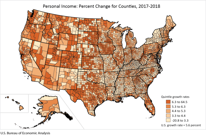 PERSONAL INCOME increased 4.7% in Rhode Island in 2018 to $54,850, a slower rise than the national 4.9% increase on the year to $54,446. / COURTESY BUREAU OF ECONOMIC ANALYSIS