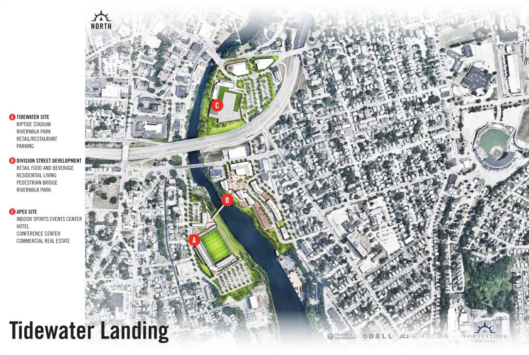 A $400 MILLION project has been selected for development on Pawtucket's waterfront, including a soccer stadium, a hotel, residential and commercial property, an event space and an indoor sports facility. / COURTESY R.I. GOVERNOR'S OFFICE