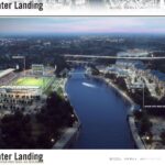 A RENDERING of a proposed soccer stadium and related developments around Pawtucket's waterfront. / COURTESY R.I. GOVERNOR'S OFFICE