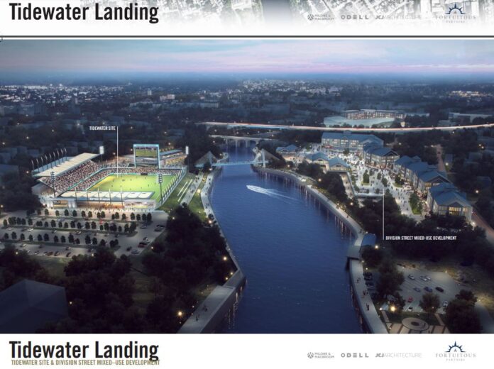 A RENDERING of a proposed soccer stadium and related developments around Pawtucket's waterfront. / COURTESY R.I. GOVERNOR'S OFFICE