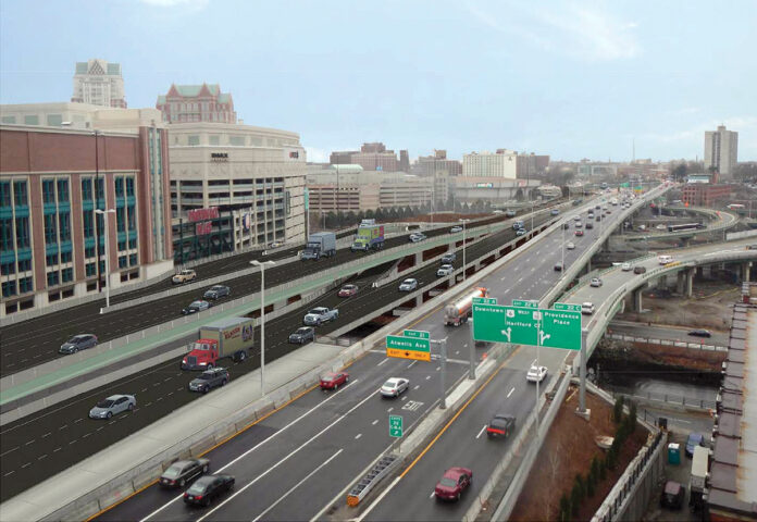 A rendering of reconfigured northbound lanes after construction of the Interstate 95 viaduct is complete in 2025. / COURTESY R.I. DEPARTMENT OF TRANSPORTATION A rendering of reconfigured northbound lanes after construction of the Interstate 95 viaduct is complete in 2025. / COURTESY R.I. DEPARTMENT OF TRANSPORTATION