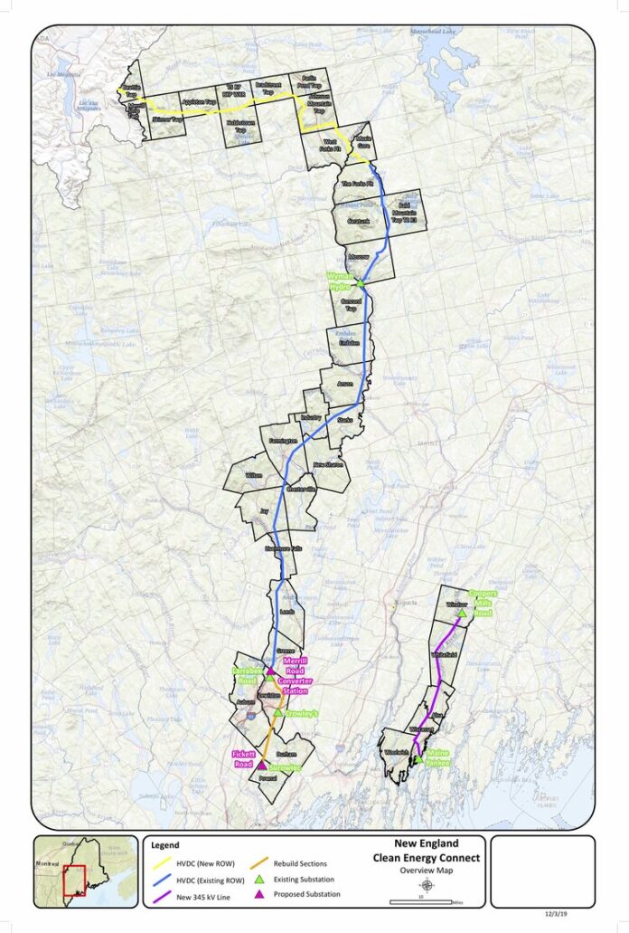 MAINE'S LAND USE Planning Commission has determined that the New England Clean Energy Connect project met zoning and land use standards. The project, a map of which is above, would still need to clear other regulatory hurdles. / COURTESY NEW ENGLAND CLEAN ENERGY CONNECT